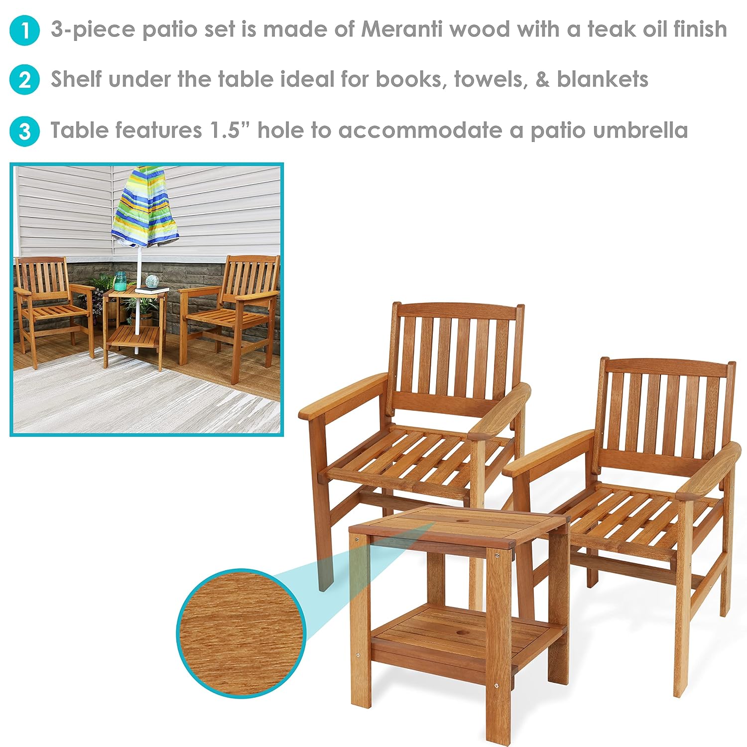3-Piece Wood Patio Set 2 Chair - Outdoor Furniture Oil 评论和价格